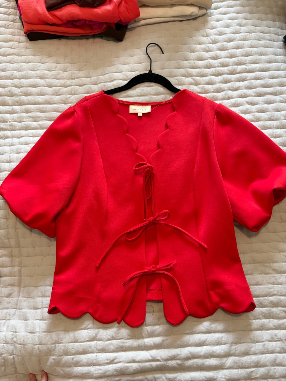 Reiss Red Scallop-Edge Tie Front Top